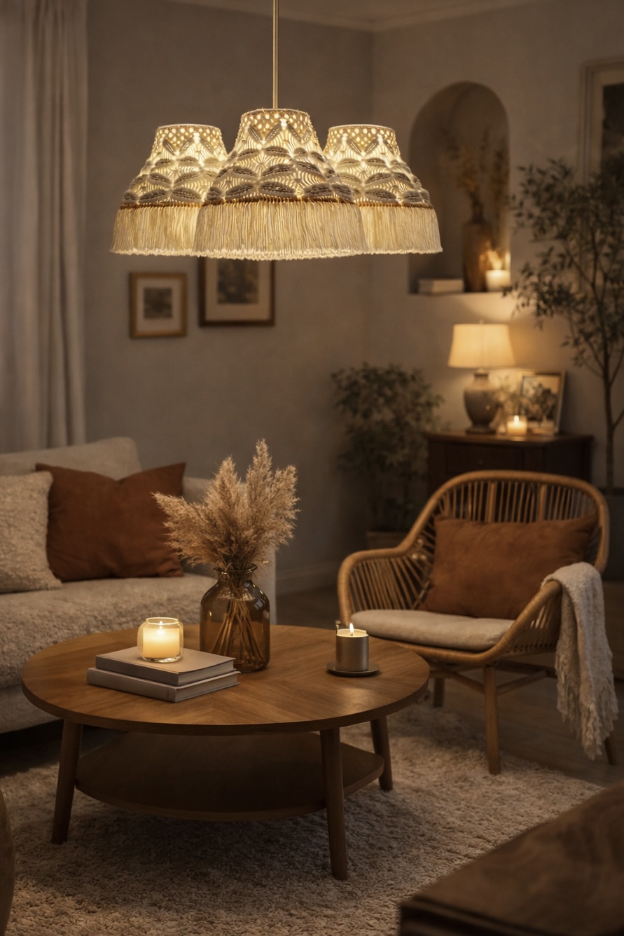 handgefertigte Upcycling Makramee-Hängelampe – Bild 1