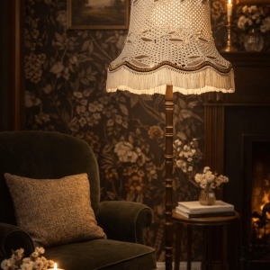 handgefertigte Upcycling Makramee-Stehlampe