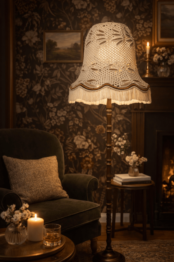 handgefertigte Upcycling Makramee-Stehlampe