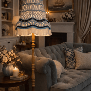 handgefertigte Upcycling Makramee-Stehlampe