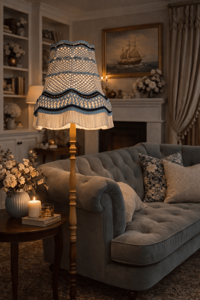 handgefertigte Upcycling Makramee-Stehlampe