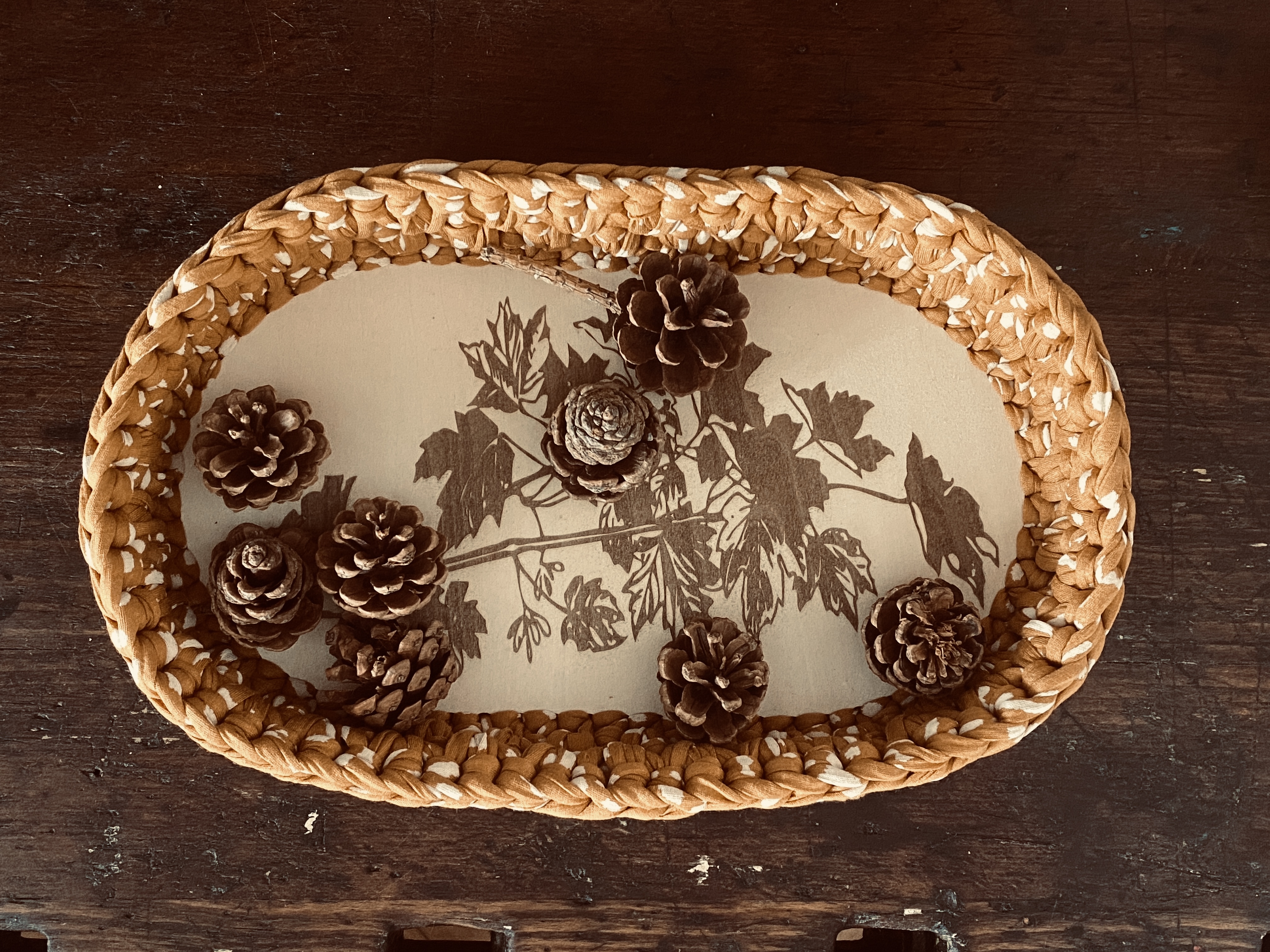 handgemachte Häkelkörbchen mit gelaserten Sperrholzböden | Herbstdeko in warmem Senfgelb – Bild 7