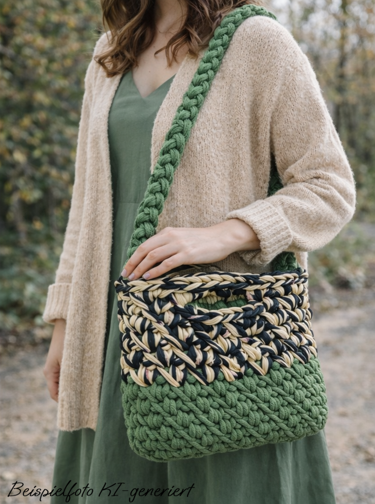 handgemachtes Taschenset Moos Green & Black Flowers