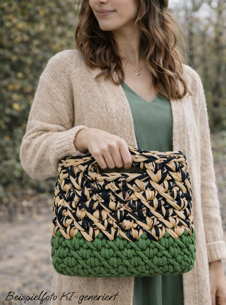 handgemachtes Taschenset Moos Green & Black Flowers
